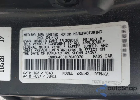 2009 Toyota Corolla Xle from USA, damaged, VIN 1NXBU40E19Z040976